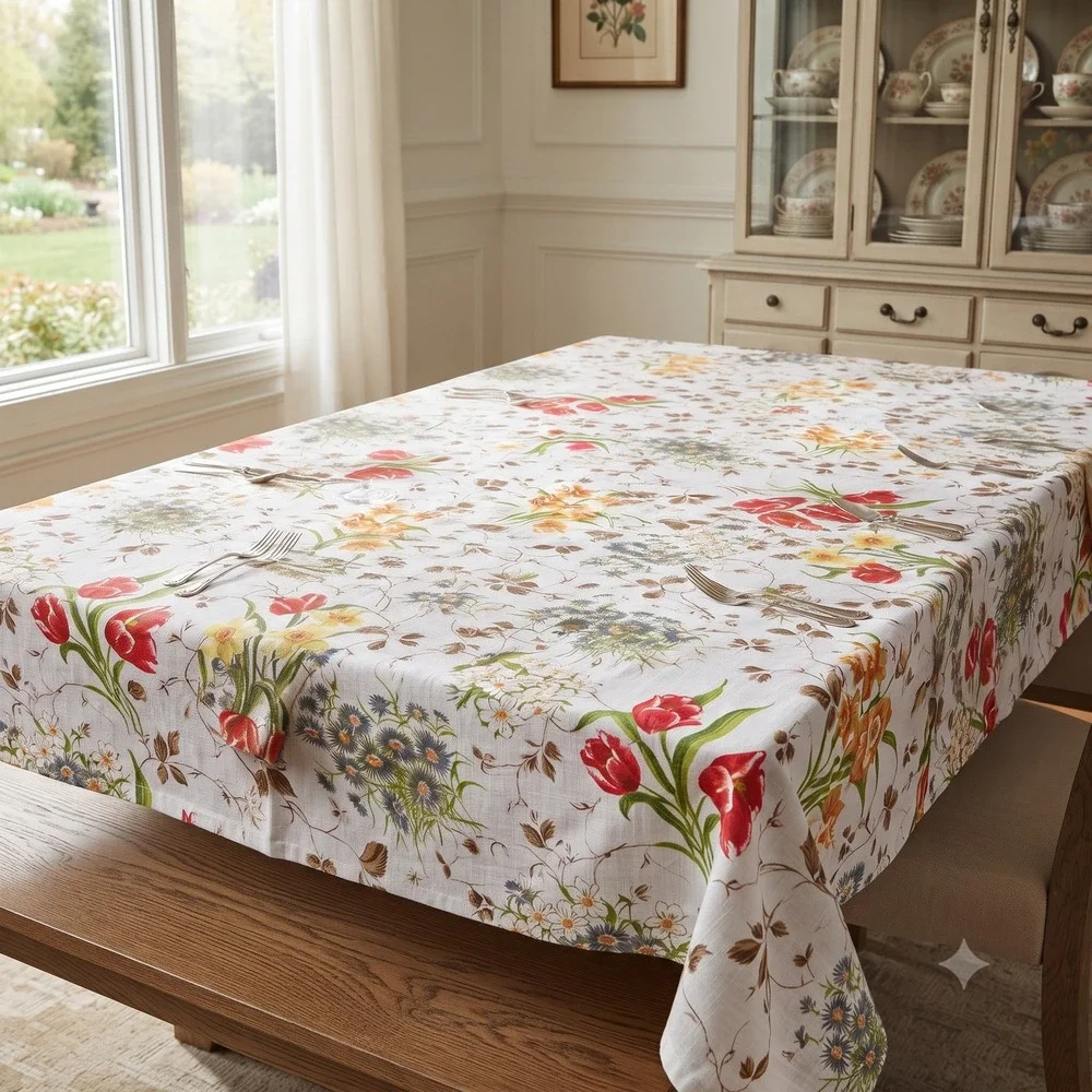 Vintage Floral Tablecloth 72x50 Red Tulips Daffodils Retro Botanical Print